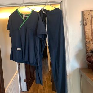 Urbane navy with green scrub set. Small top XS pants.
